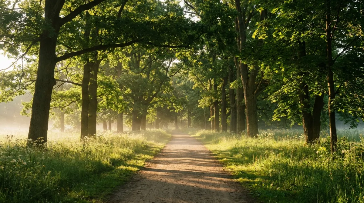 A peaceful walking trail through green parkland