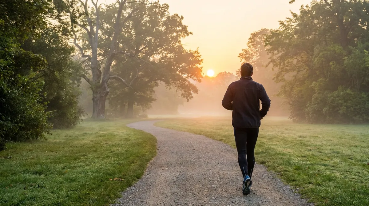 Person walking on a path at sunrise tracking their daily steps