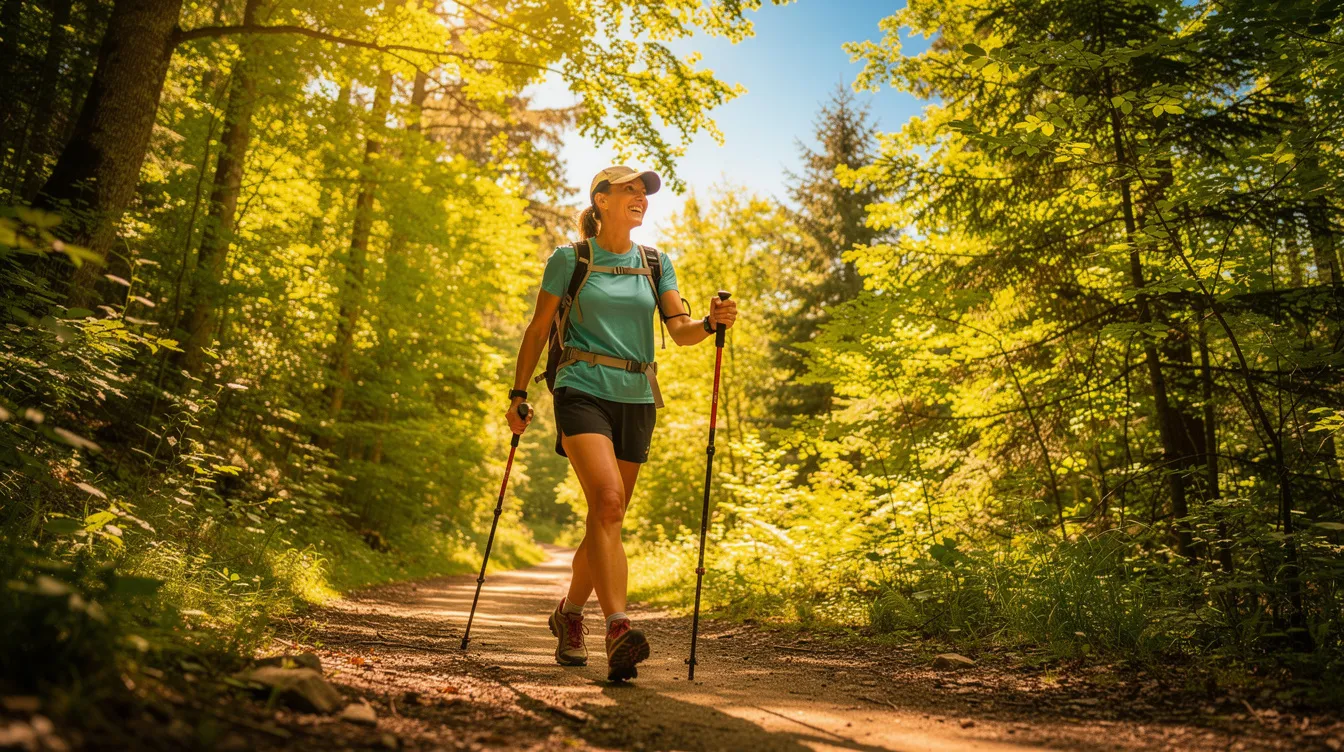 Person nordic walking on a sunny forest trail with poles
