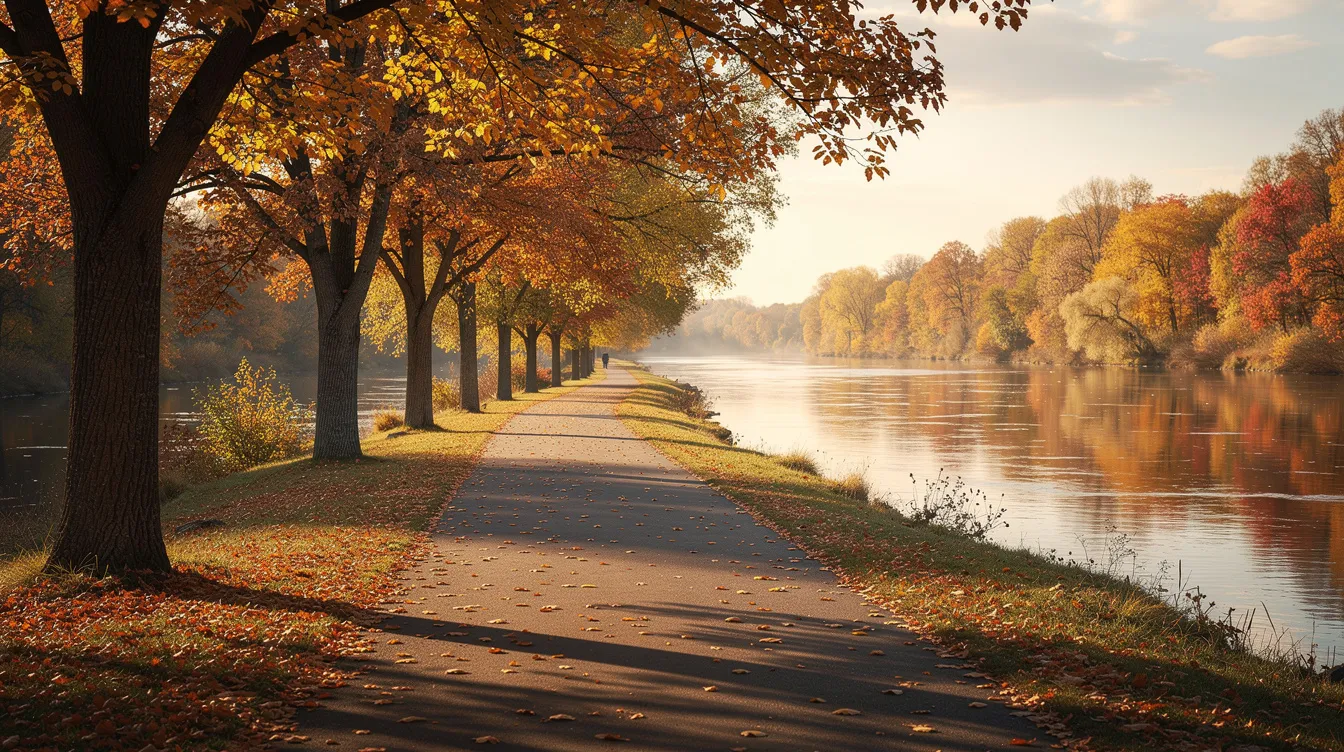 Person walking peacefully on a tree-lined path in warm morning light