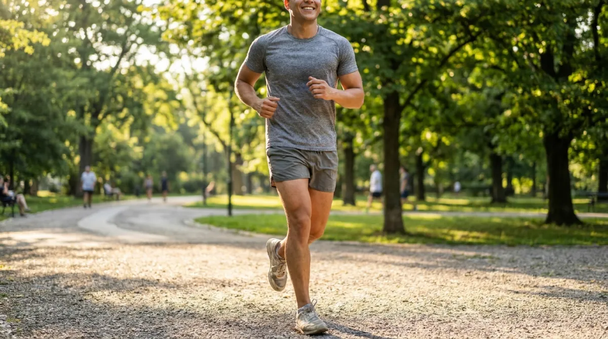 Person walking outdoors in athletic wear on a bright morning