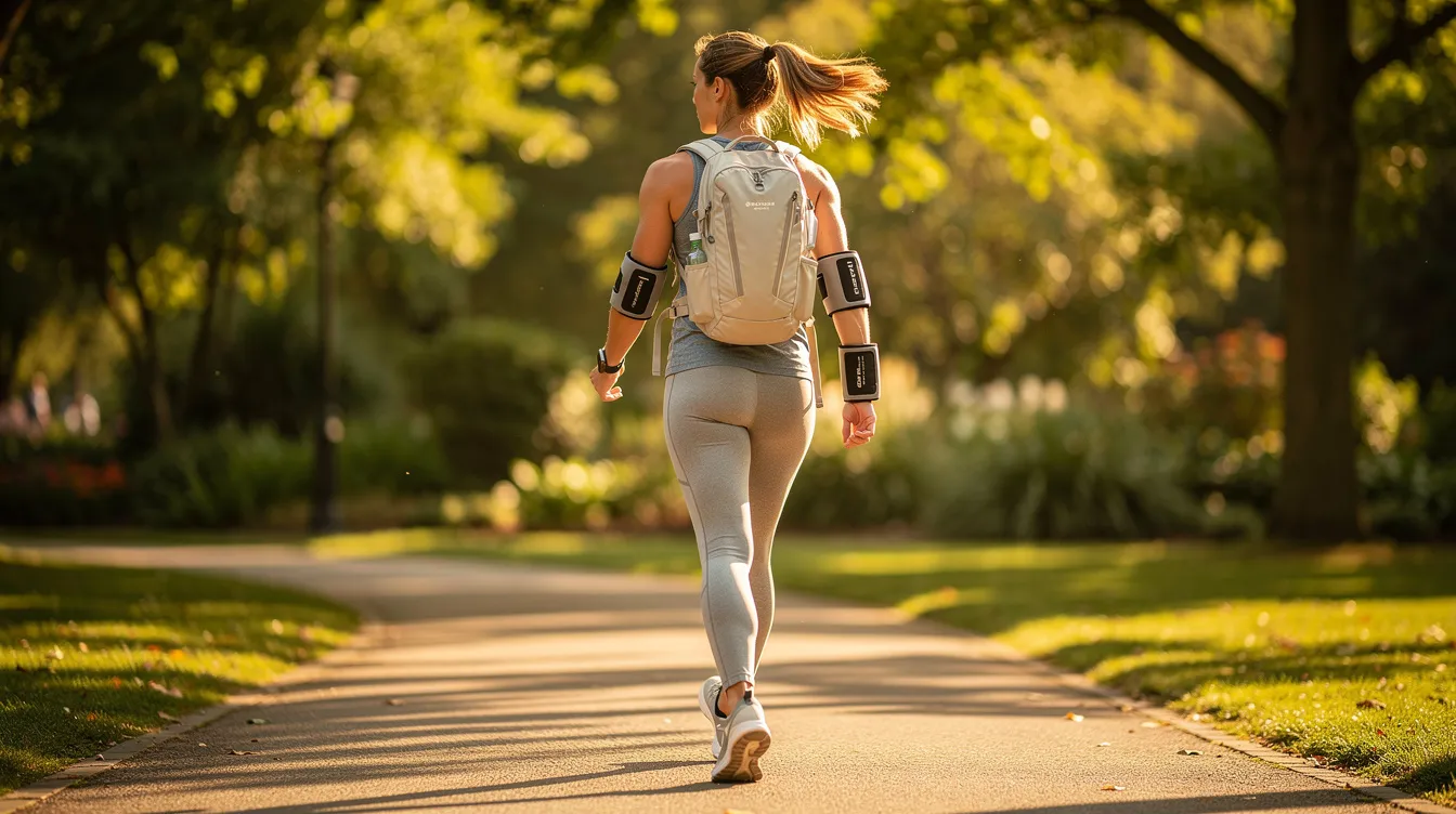 Person walking outdoors on a sunny path wearing a light backpack and wrist weights